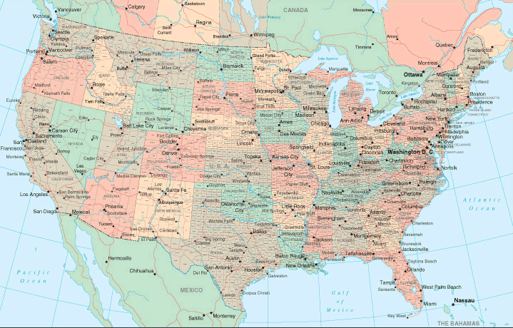 US county wall map with highways