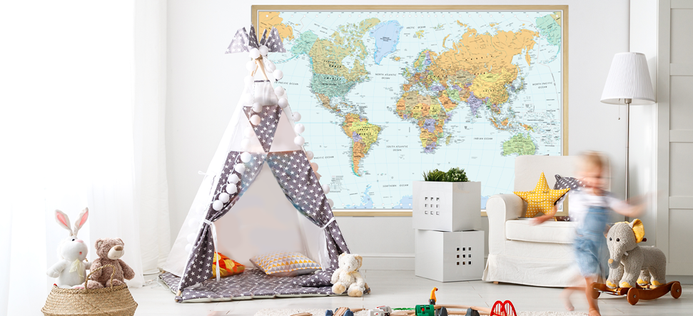 Interior decor wall maps for kids’ rooms.