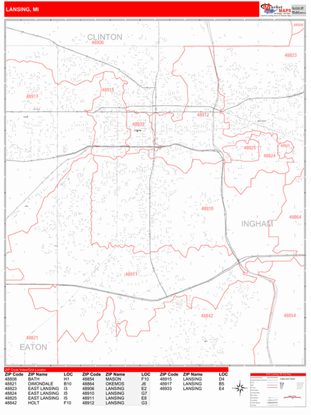 Lansing Michigan Zip Code Wall Map Red Line Style By MarketMAPS Lansing Michigan Zip Code Wall Map Red Line Style By MarketMAPS