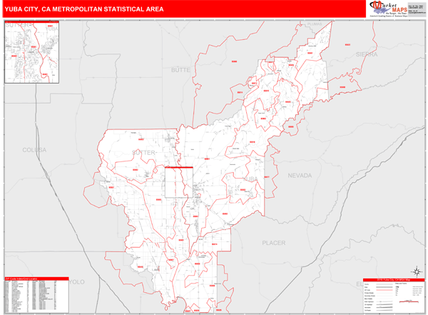 Yuba City, CA Metro Area Zip Code Wall Map Red Line Style by MarketMAPS