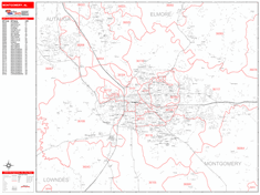 Montgomery Alabama Zip Code Wall Map (Red Line Style) by MarketMAPS