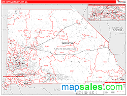San Bernardino County, CA Zip Code Wall Map Red Line Style by MarketMAPS