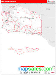 Santa Barbara County, CA Zip Code Wall Map Red Line Style by MarketMAPS
