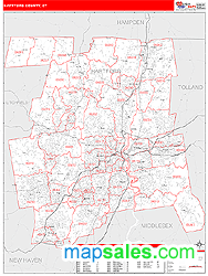 Hartford County, CT Zip Code Wall Map Red Line Style by MarketMAPS