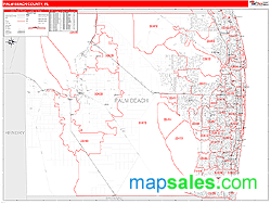 Palm Beach County, FL Zip Code Wall Map Red Line Style by MarketMAPS