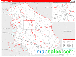 Bulloch County, GA Wall Map Red Line Style by MarketMAPS