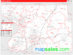 Madison County, IL Zip Code Wall Map Red Line Style by MarketMAPS