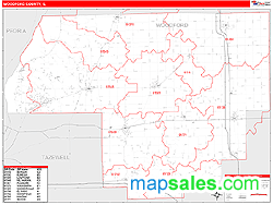 Woodford County, IL Zip Code Wall Map Red Line Style by MarketMAPS