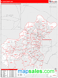 St. Louis County, MO Zip Code Wall Map Red Line Style by MarketMAPS