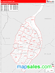 St. Louis City County, MO Zip Code Wall Map Red Line Style by MarketMAPS