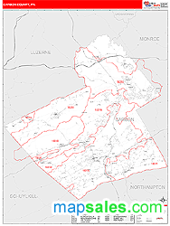 Carbon County, PA Zip Code Wall Map Red Line Style by MarketMAPS