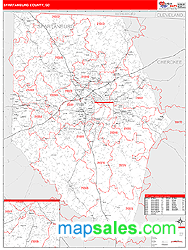 Spartanburg County, SC Zip Code Wall Map Red Line Style by MarketMAPS