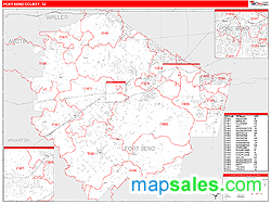 Fort Bend County, TX Zip Code Wall Map Red Line Style by MarketMAPS