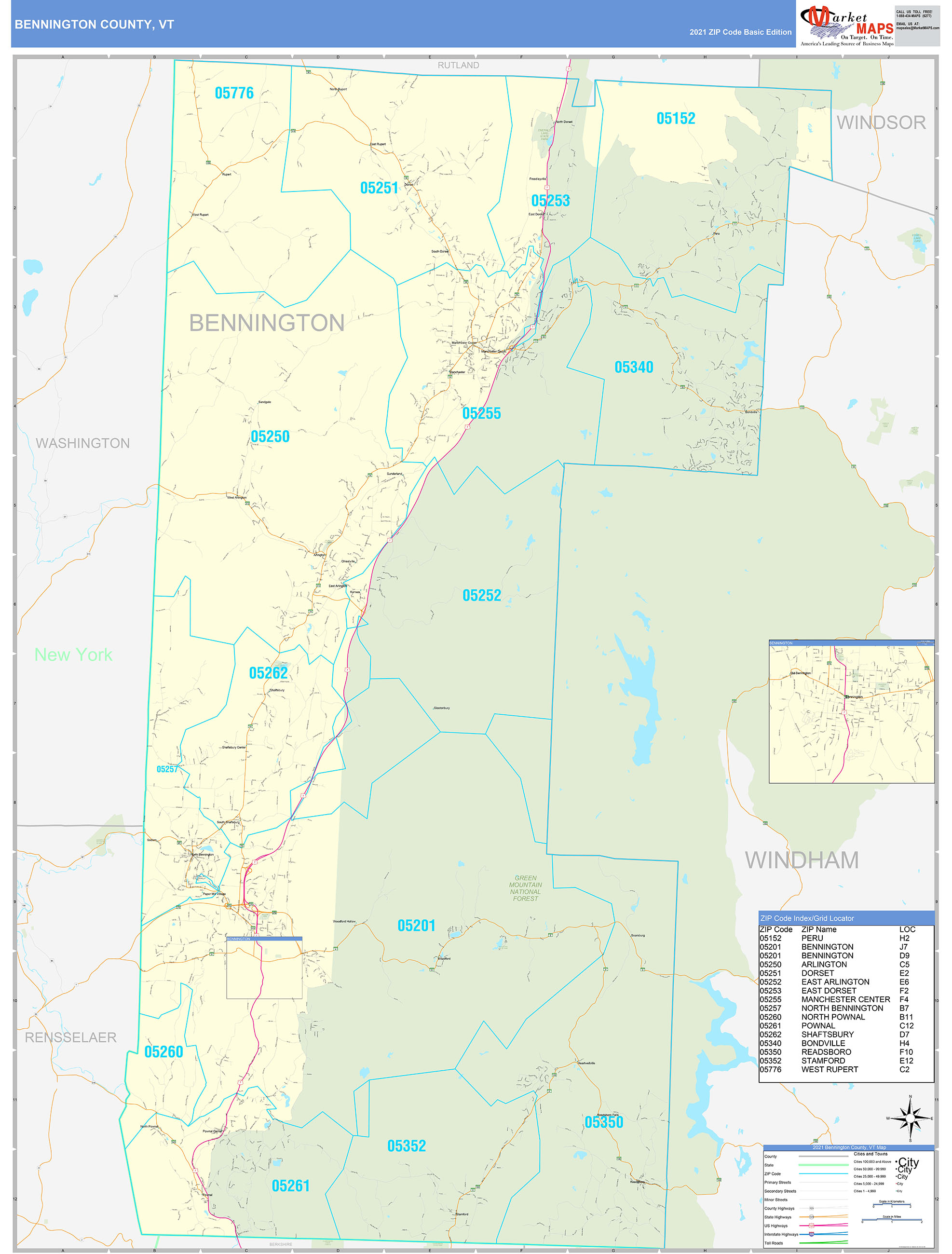 Bennington County, VT Zip Code Wall Map Basic Style by MarketMAPS