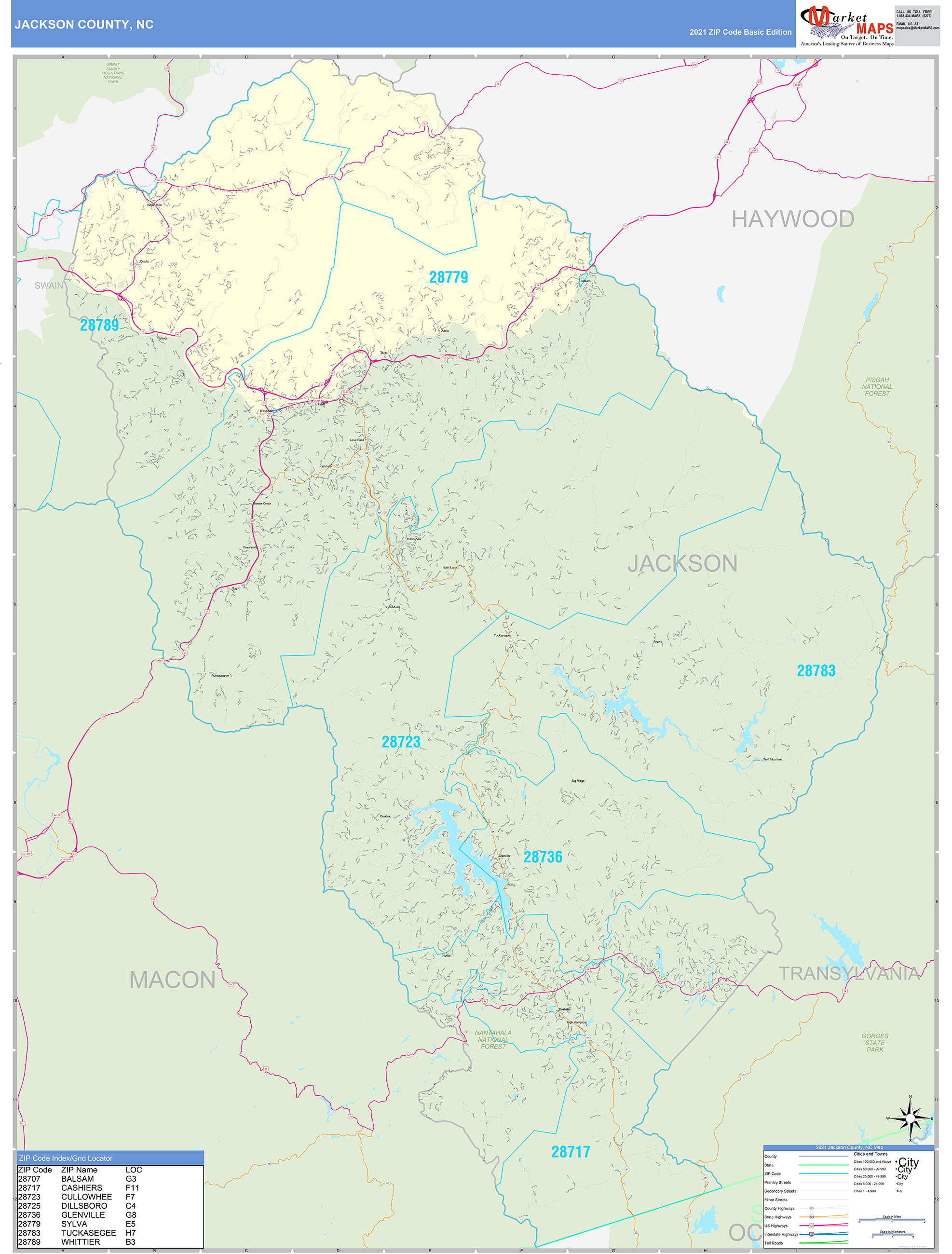 Jackson County, NC Zip Code Wall Map Basic Style by MarketMAPS