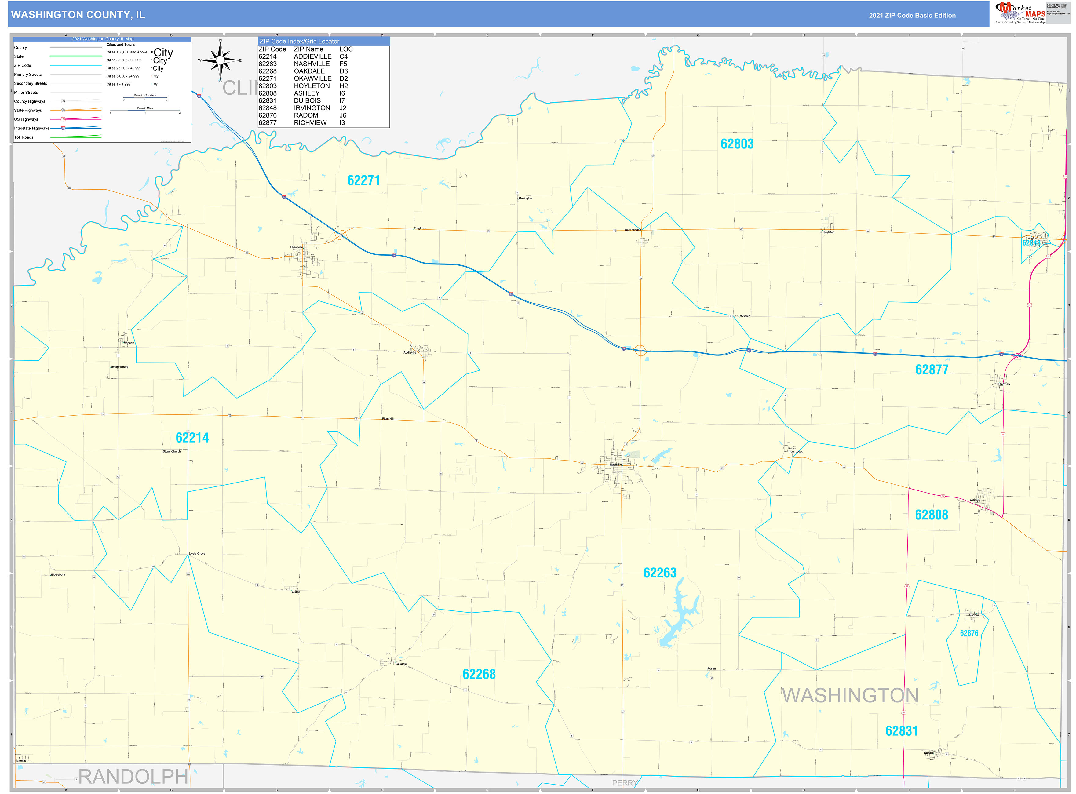 Washington County, IL Zip Code Wall Map Basic Style by MarketMAPS