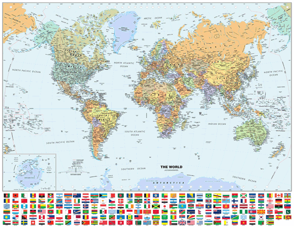 Classic World Wall Map with Flags