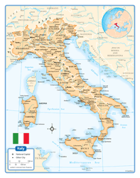 map of Italy includes the following features: Major cities and towns