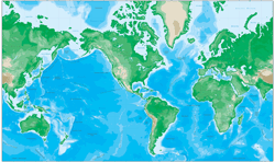 Americas Centered Physical Mercator Wall Map
