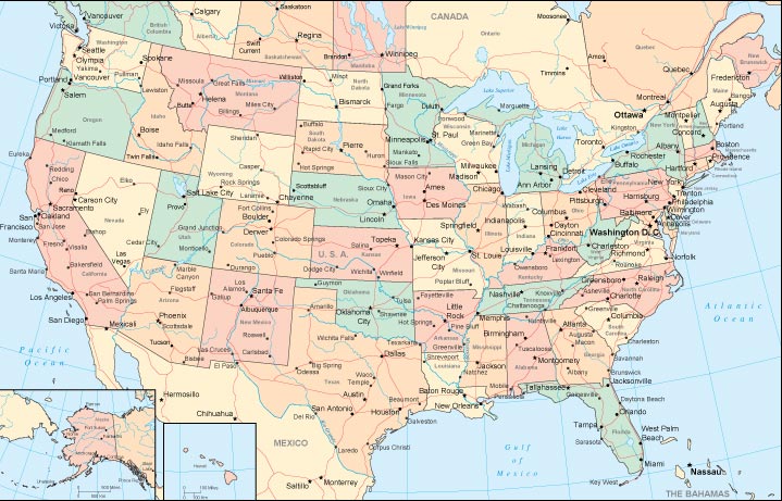 US political wall map with highways