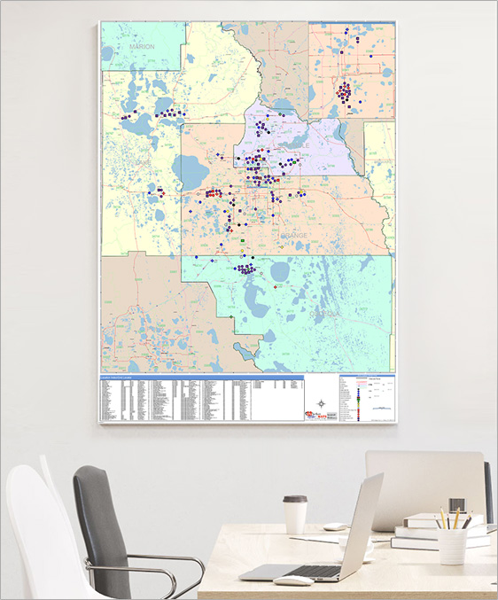 County Wall Map with Hospital Locations