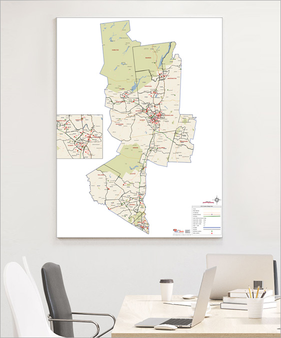 County Territory Wall Map with Locations