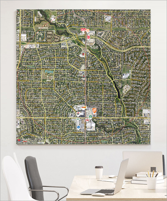 Satellite Radius Wall Map with Highlighted Street Detail
