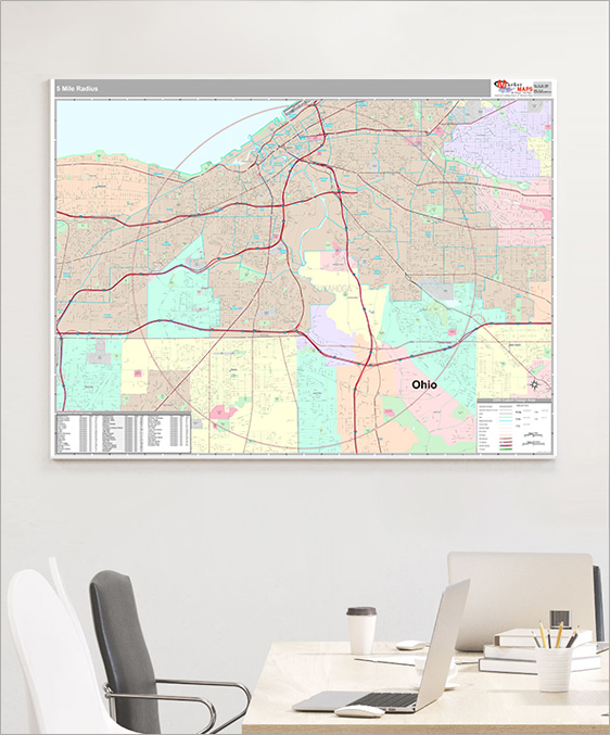 5 mile Radius Wall Map with Neighborhood Boundaries