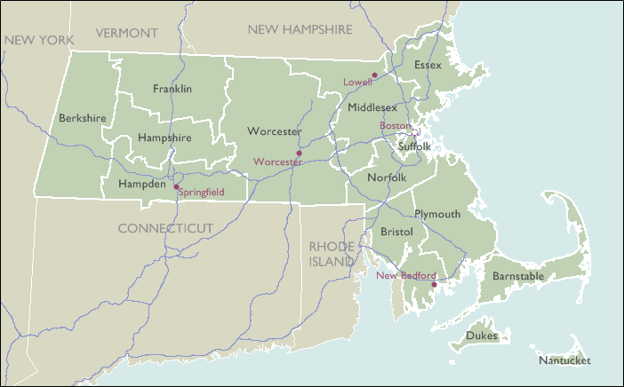 County Wall Maps of Massachusetts