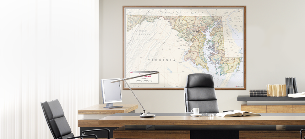 Interior decor wall maps for executive offices.