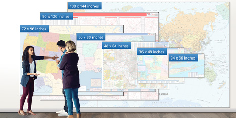 Large wall maps available in sizes 2x3 ft to 9x12 ft.