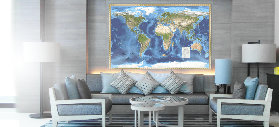 Interior decor wall maps for reception lobbies.