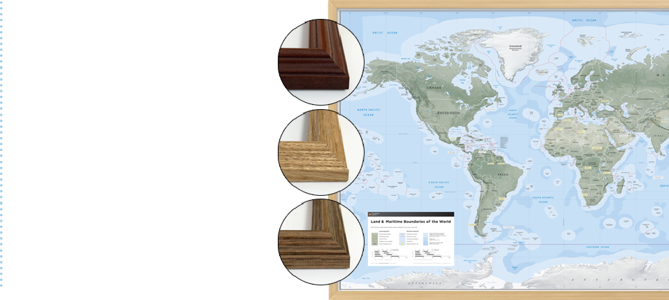 Framed Wall Map options for the Sovereign Limits & Boundaries Wall Map displays international land and maritime zones.