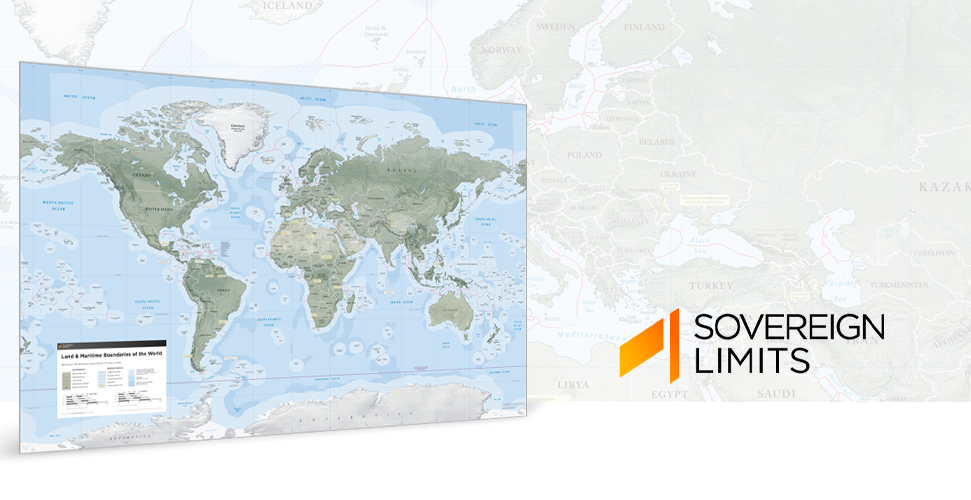The Sovereign Limits & Boundaries Wall Map displays international land and maritime zones.