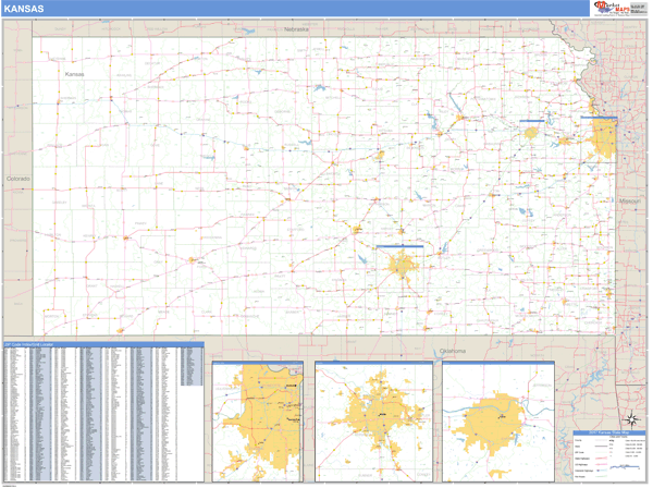 Kansas Population Zip Code Wall Map by MarketMAPS
