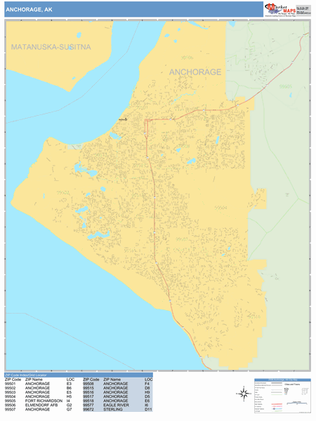 Anchorage Alaska Zip Code Wall Map (Basic Style) by MarketMAPS