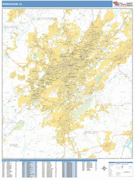 Birmingham Alabama Zip Code Wall Map Basic Style By Marketmaps