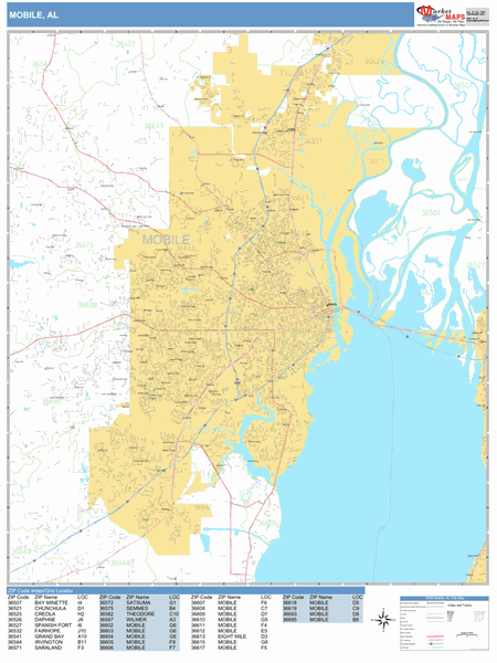 Mobile Alabama Zip Code Wall Map Basic Style By Marketmaps