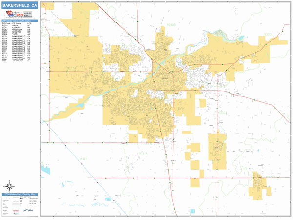 Bakersfield Ca Zip Code Map Bakersfield California Zip Code Wall Map (Basic Style) by MarketMAPS