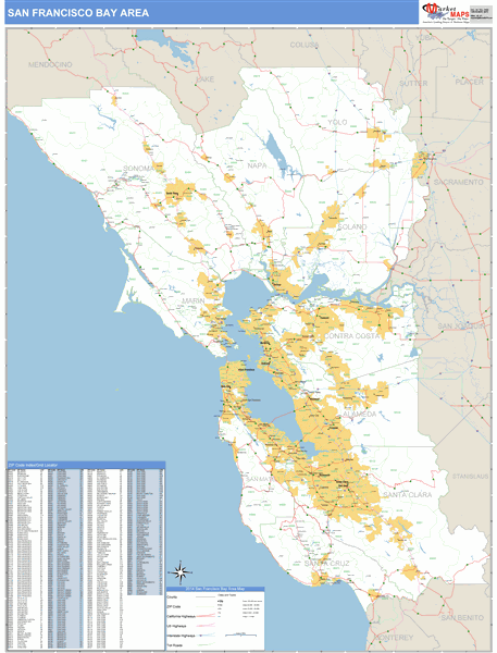 Bay Area California Zip Code Wall Map Basic Style By Marketmaps