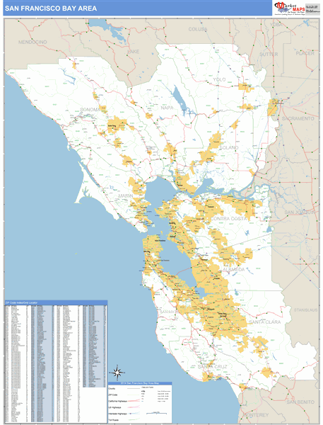 Bay Area Zip Code Map Bay Area California Zip Code Wall Map (Basic Style) by MarketMAPS