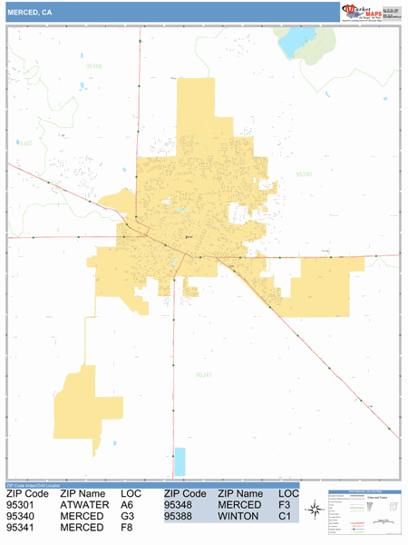 Merced California Zip Code Wall Map (Basic Style) by MarketMAPS