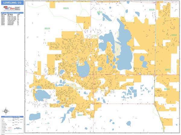 Loveland Co Zip Code Map Loveland Colorado Zip Code Wall Map (Basic Style) by MarketMAPS