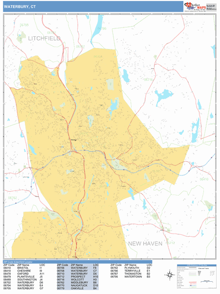 Waterbury Zip Code Map Waterbury Connecticut Zip Code Wall Map (Basic Style) By Marketmaps -  Mapsales