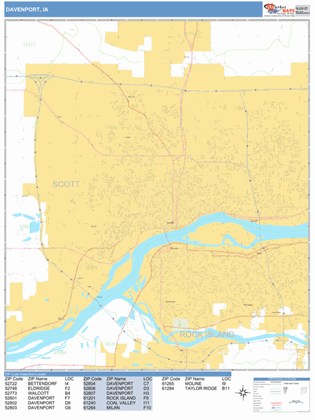 Davenport Iowa Zip Code Wall Map Basic Style By Marketmaps