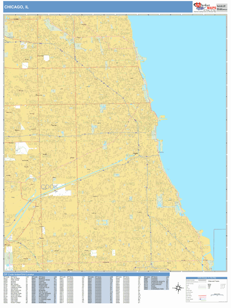 Chicago Illinois Zip Code Wall Map (Basic Style) by MarketMAPS