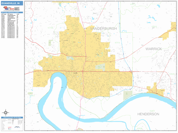 Evansville Indiana Zip Code Wall Map Basic Style By Marketmaps