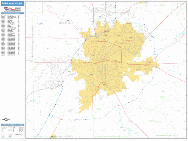 Fort Wayne Indiana Zip Code Wall Map Basic Style By Marketmaps