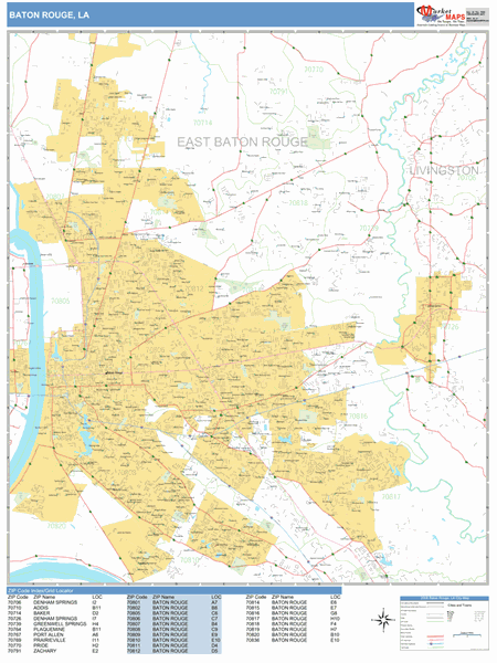 baton rouge louisiana zip code map Baton Rouge Louisiana Zip Code Wall Map Basic Style By Marketmaps baton rouge louisiana zip code map