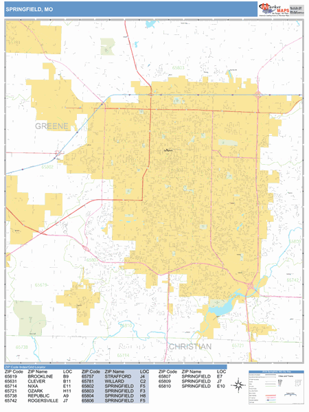 springfield zip code map Springfield Missouri Zip Code Wall Map Basic Style By Marketmaps